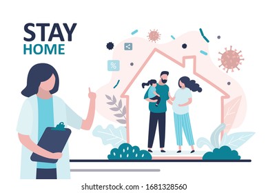 Stay home banner. Female doctor warning about global viral epidemic or pandemic. Parents with daughter at home. Quarantine or self-isolation. Health care concept. Fears of getting coronavirus. Vector