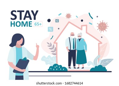 Stay Home Banner. Female Doctor Warning About Global Viral Pandemic Covid-19. Grandparents At Home. Coronavirus Risk Age Group 65 And Older. Quarantine Or Self-isolation. Health Care Concept.Vector