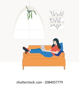 Stay at home banner. The girl works at the computer, sitting on a bag with beans epidemic, quarantine, freelancer, work at home, distance learning, online, blogger.