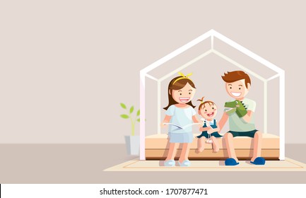 Stay home banner. Happy family staying at home during the Coronavirus, Covid-19 quarantine. Vector illustration in flat style