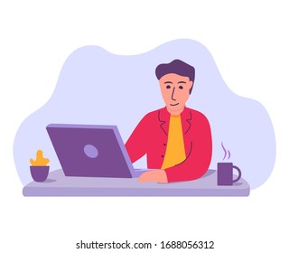 Stay home banner.Guy with a laptop work online. Quarantine or self-isolation.Remote work at home during coronavirus.Man distantly works.Cartoon character vector.Freelancer at home.
