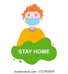 Stay home banner. Man wearing face mask. Social distance. Coronavirus. Flu pandemic. Stay safe.
