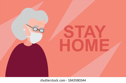 Stay home banner. Old woman in medical mask