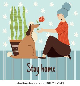 Stay home banner or poster design with woman playing with her dog, flat vector illustration. Cozy green house and recreation at home concept of card or banner.