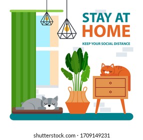 Stay home banner template. Cat and dog sleep with social distancing. Quarantine  or self-isolation, stay at home concept.   Health care concept. Fears of getting coronavirus. 
