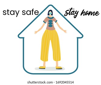 Stay home banner template. Family sitting home. Quarantine or self-isolation. 