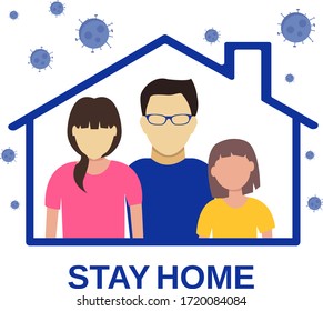 Stay home banner template. Family sitting home. Quarantine or self-isolation. Health care concept. Fears of getting coronavirus. Global viral epidemic or pandemic. Trendy flat vector illustration