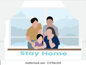 Stay home banner template. Family sitting home. Quarantine or self-isolation. Health care concept. Fears of getting coronavirus. Global viral epidemic or pandemic. Trendy flat vector illustration