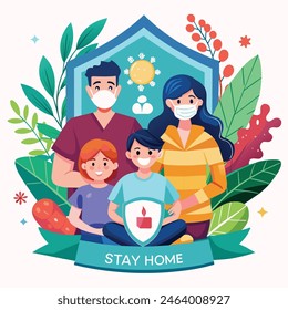 stay home banner template family sitting home