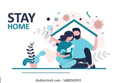 Stay home banner template. Love couple sitting home. Quarantine or self-isolation. Health care concept. Fears of getting coronavirus. Global viral epidemic or pandemic. Flat vector illustration