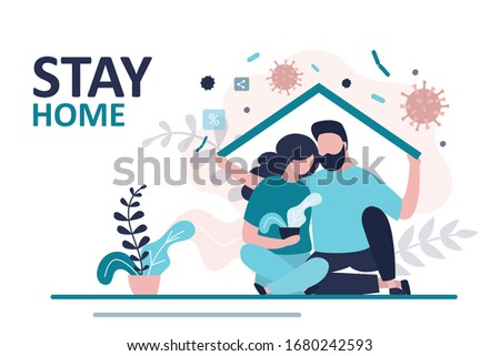 Stay home banner template. Love couple sitting home. Quarantine or self-isolation. Health care concept. Fears of getting coronavirus. Global viral epidemic or pandemic. Flat vector illustration
