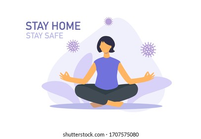 Stay home banner template. Pose yoga, doing yoga at home. Meditation and sports during quarantine. Stay at home take care of yourself. Girl sitting in lotus position at home. Vector flat illustration