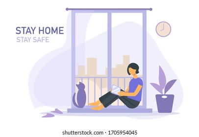 Stay home banner template. Woman with cat, houseplant, balcony, city, clock. Quarantine or self-isolation. Health care concept.  Global viral epidemic or pandemic. Flat vector illustration