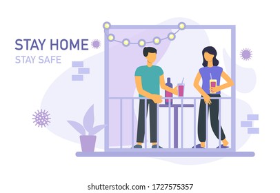 Stay home banner template. Woman and man with glasses wine, houseplant, balcony, garland. Birthday party. Health care concept. Global viral epidemic or pandemic. Flat vector illustration