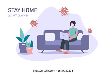 Stay home banner template. Young woman with medical mask sitting home with laptop. Quarantine or self-isolation. Trendy flat vector illustration.