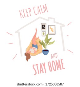 Stay home banner template. Young women in comfortable clothes spending time together at home during quarantine and self isolation vector flat illustration. Stop Coronavirus Covid-19 card concept.