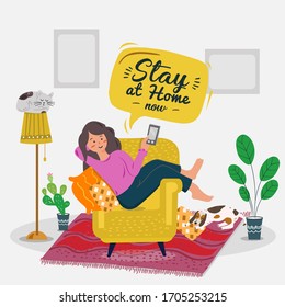 Stay home banner template.Quarantine or self-isolation. Health care concept. Fears of getting coronavirus. Global viral epidemic or pandemic. Trendy flat vector illustration