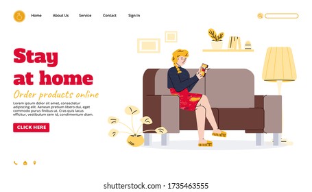 Stay at home banner with woman in quarantine with phone vector illustration.