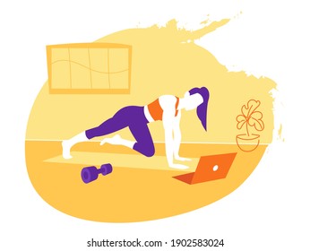 Stay at home, be healthy and positive. Woman doing exercises on a laptop. Online training at home gym. sport internet fitness workout. Healthy lifestyle. Coronavirus quarantine isolation. 