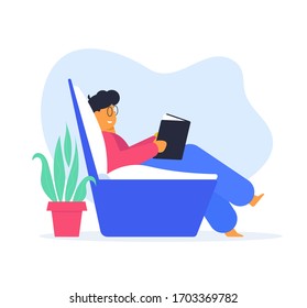 Stay home, be safe concept, man reading the book, simple flat design illustration. 