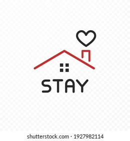 Stay home  black, red icon isolated on transparent background. Vector house with heart symbol. Stay safe, quarantine sign