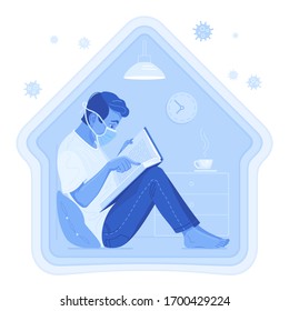 Stay home. Blue vector illustration. Enthusiastic man sits on the floor, leaning on a pillow and reads a book. Guy in the medical face mask is safe in his cozy interior during coronavirus epidemic.