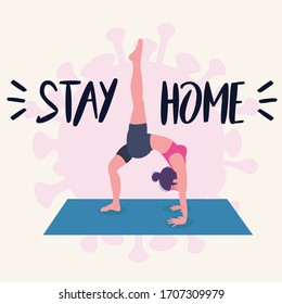 "Stay home" A business woman doing yoga at home, concept of coronavirus covid 19, epidemics found around the world.