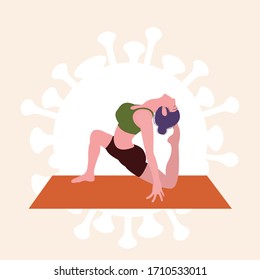 "Stay home" A business woman doing yoga at home, concept of coronavirus covid 19, epidemics found around the world.