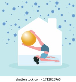 "Stay home" A business woman doing yoga and ball at home, concept of coronavirus covid 19, epidemics found around the world.