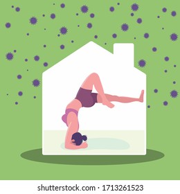 "Stay home" A business woman doing yoga at home, concept of coronavirus covid 19, epidemics found around the world.