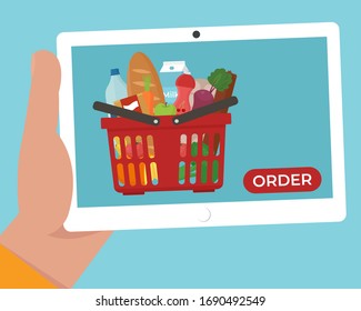 Stay at home. Buy products online. Order food online. Hand holding smartphone with food basket on the screen. Flat vector illustration