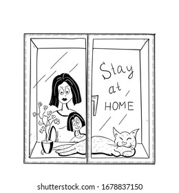 Stay home. Call to stay home during quarantine. The family with cat  protects itself from viruses. Hand drawn vector illustration