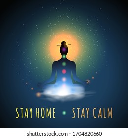 Stay home, stay calm. Meditating silhouette sitting in lotus position﻿, vector illustration.