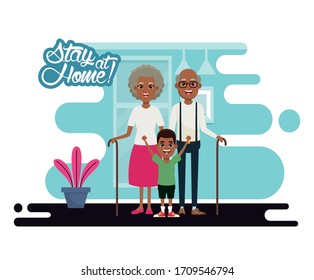 stay at home campaign with afro grandparents and grandson vector illustration design