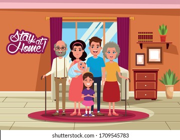 stay at home campaign with family members vector illustration design