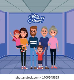 stay at home campaign with family members vector illustration design