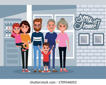 stay at home campaign with family members vector illustration design