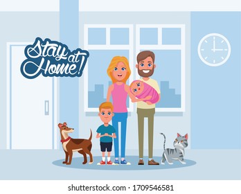 stay at home campaign with family and pets vector illustration design