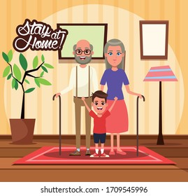 stay at home campaign with grandparents and grandson vector illustration design