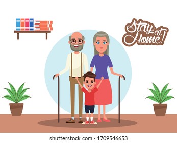 stay at home campaign with grandparents and grandson vector illustration design