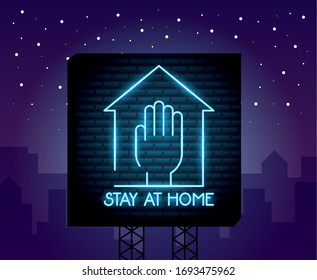 stay at home campaign with hand neon light vector illustration design