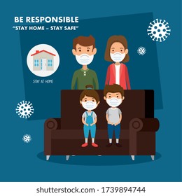 stay at home campaign with parents and children vector illustration design