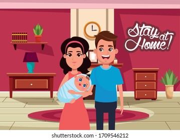 stay at home campaign with parents lifting baby vector illustration design