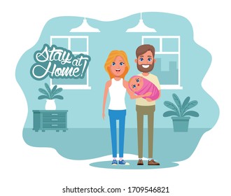 stay at home campaign with parents lifting baby vector illustration design