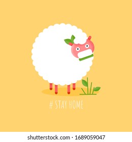 Stay Home card with cute flat sheep character smiling and eating. Cartoon vector funny animal on yellow background. Covid possitive motivation illustration poster