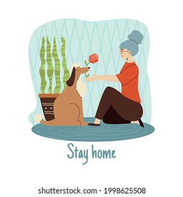 Stay home card or poster template with woman enjoying indoor recreation with her dog, flat vector illustration. Cozy house and leisure time at home concept of banner.