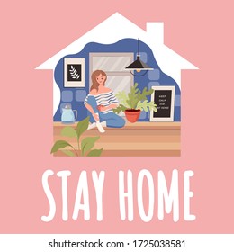 Stay home card template. Young woman sitting on the kitchen and drinking tea during global outbreak of Coronavirus Covid-19 vector flat illustration. Quarantine and self isolation banner design.