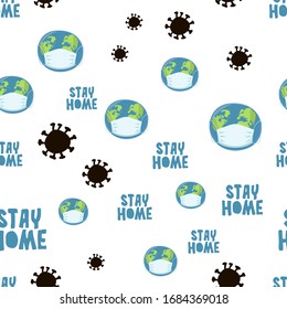 Stay home. Character Earth in medical maskVector coronavirus logo or COVID-19 seamless repeating pattern background, illustration virus coronavirus 2019-nCoV on white background, Covid 19, Stay home