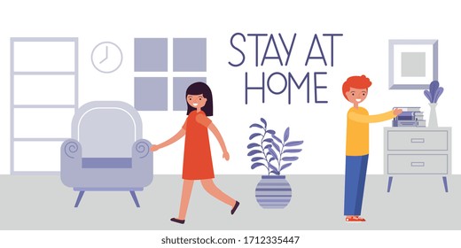 stay at home. children in living room. vector illustration