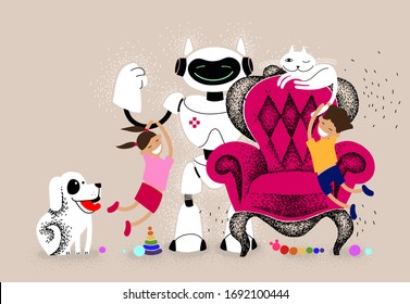 Stay at home. Children play at home with pets and robot. Robot nanny is watching over the children. Dog and cat entertain mischievous children. Futuristic assistant babysitter. Robotic friend.